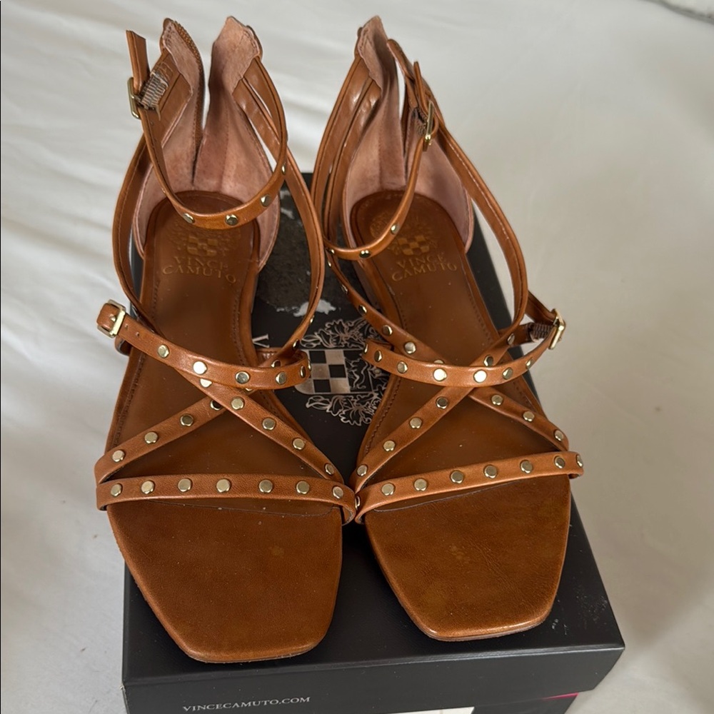 Vince Camuto Brown Strappy Sandals with Stud Accents